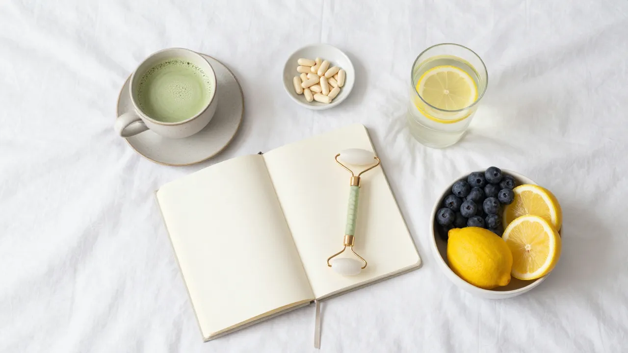 Aesthetic morning routine flat-lay on white bedsheet with matcha latte, gratitude journal, face roller, and fruit