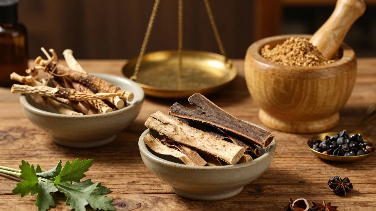 Traditional herbal medicine scene: dried roots in ceramic bowls, brass scale, mortar with ground powder