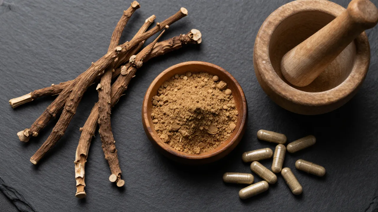 Tongkat ali root and supplement flat-lay on dark slate: dried root pieces, powder in wooden bowl, capsules