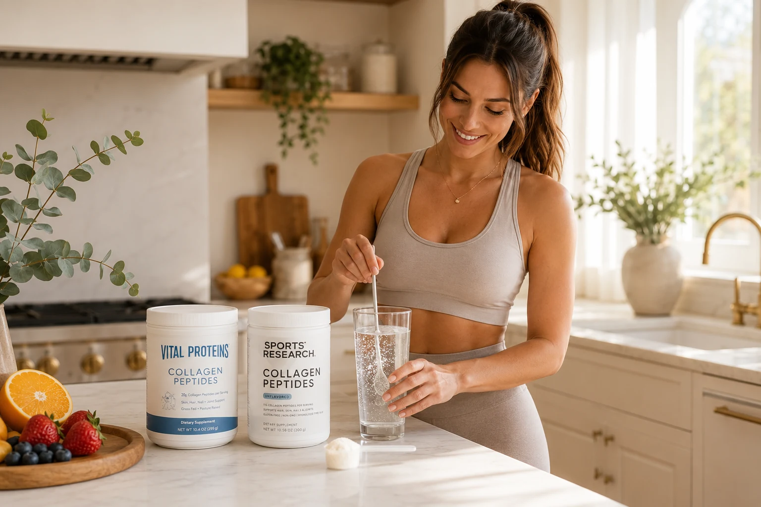 A fit young woman mixing a collagen drink in a bright modern kitchen with Vital Proteins and Sports Research collagen peptide containers side by side on the counter