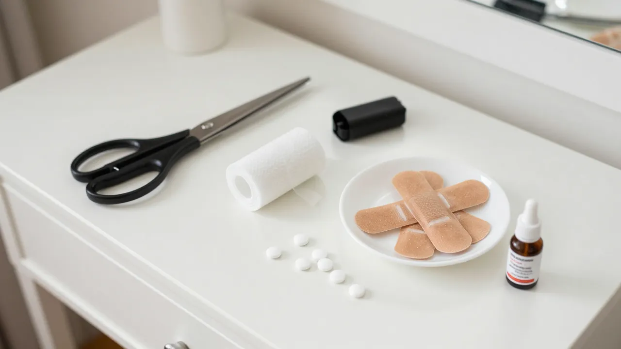 Bridal getting-ready station with steamer, fabric scissors, lint roller, band-aids, and eye drops on dresser