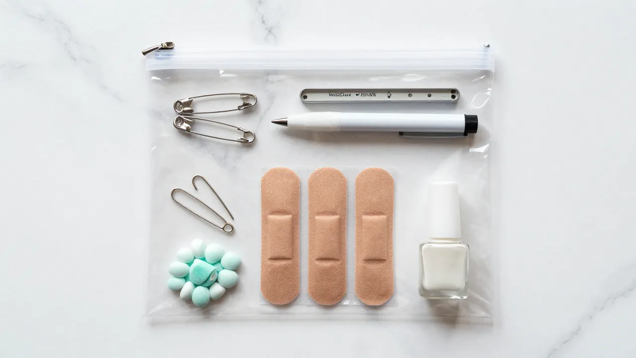 Wedding emergency kit contents on white marble with safety pins, sewing kit, stain remover, bandages, and bobby pins