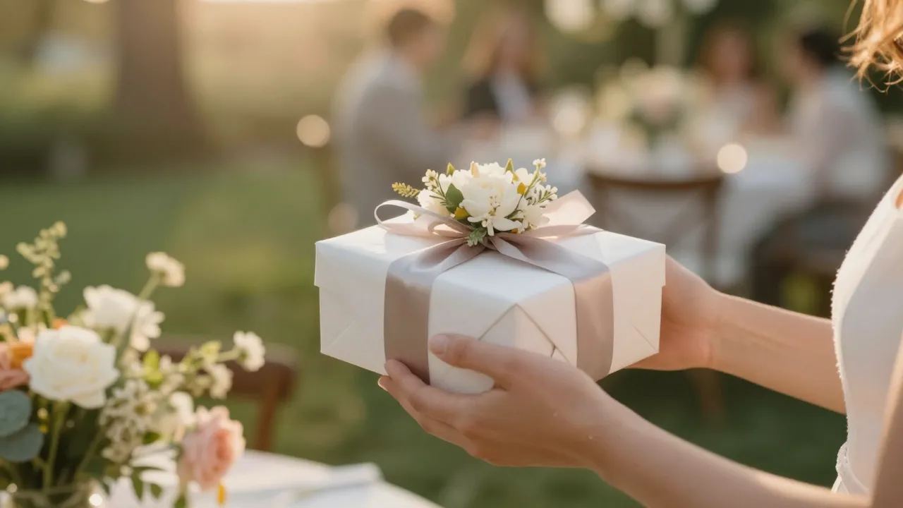 Beautifully wrapped wedding gift held by hands with fresh flowers and garden party in blurred background