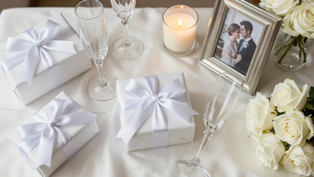 Elegant wedding gift table flat-lay on ivory silk with wrapped presents, crystal flutes, and white roses