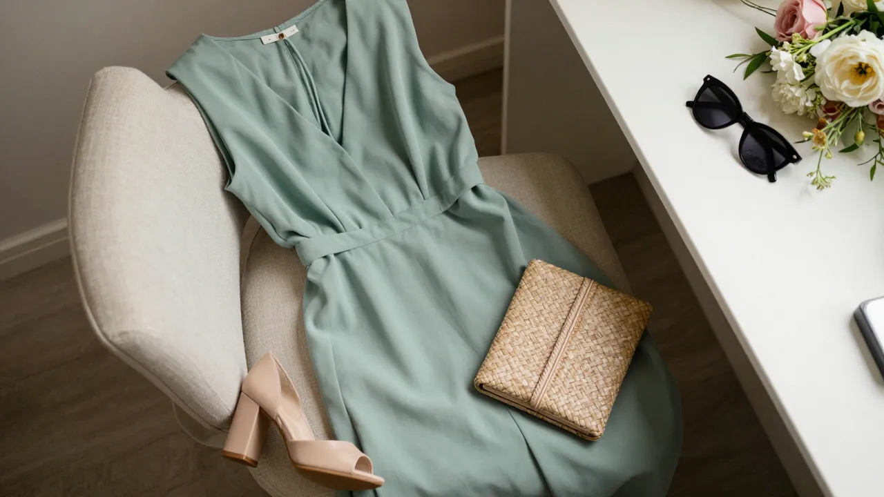 Stylish wedding guest getting-ready scene with sage midi dress, nude block heels, woven clutch, and fresh flowers