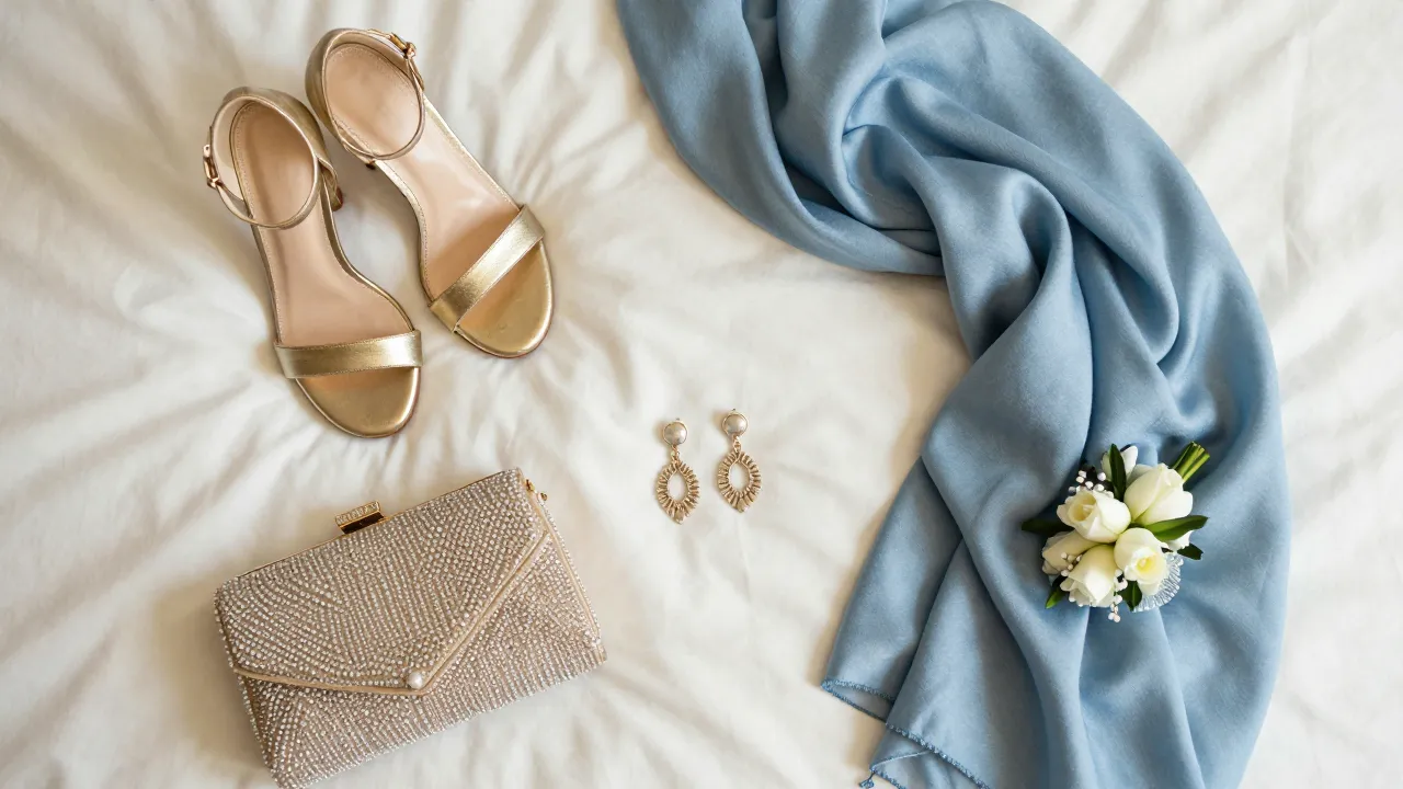 Wedding guest outfit accessories flat-lay with gold strappy sandals, beaded clutch, drop earrings, and pashmina wrap