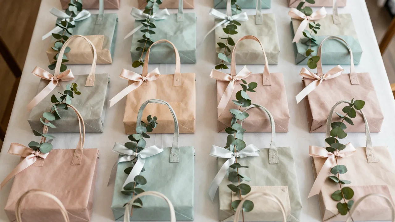 Multiple assembled welcome bags in a row with matching items, ribbon ties, and eucalyptus sprigs