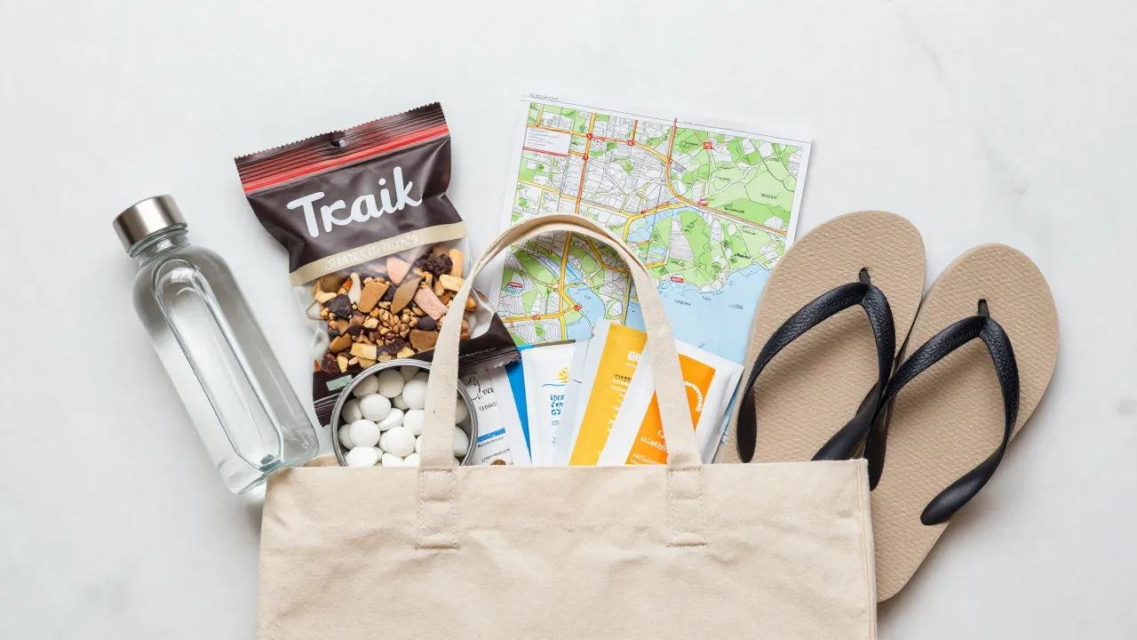 Wedding welcome bag contents flat-lay with water bottles, trail mix, sunscreen, mints, and flip flops in kraft tote