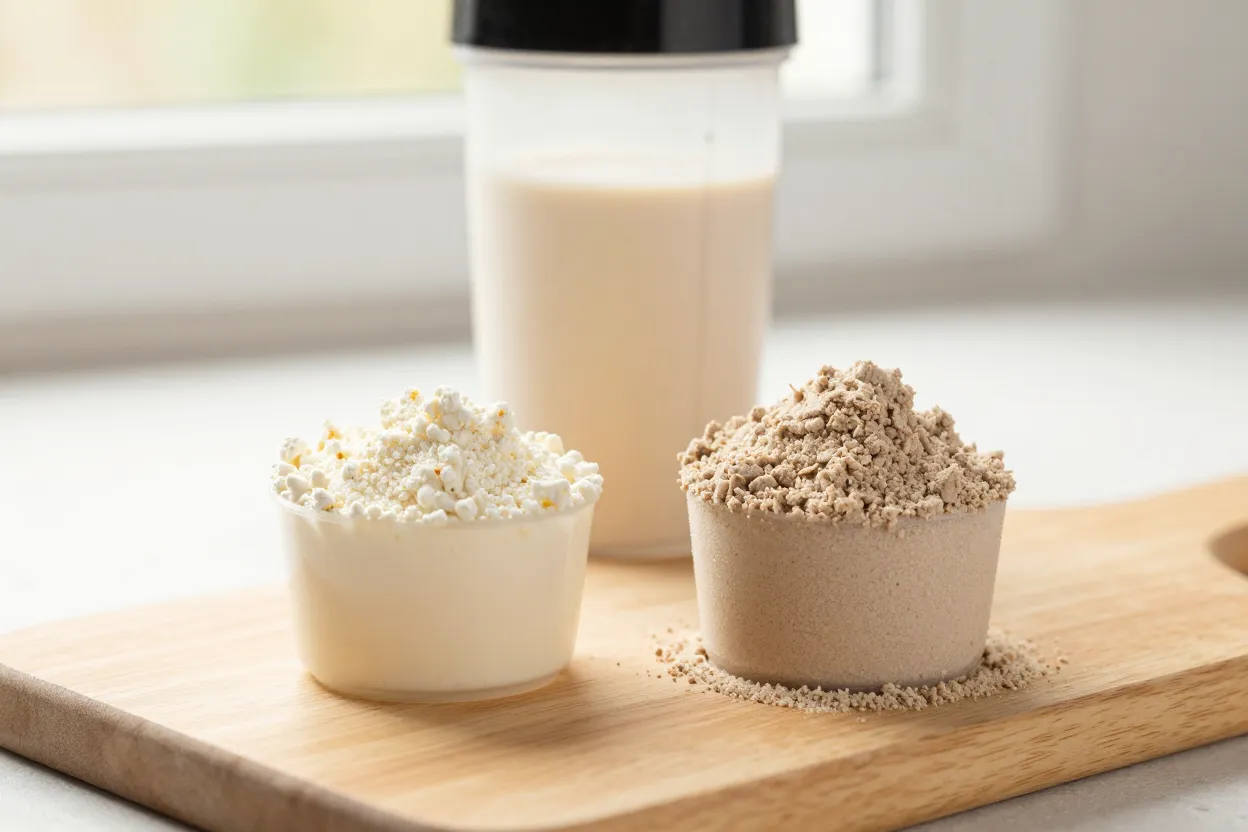 Close-up of whey and plant protein powder textures and amino acid spectrum comparison