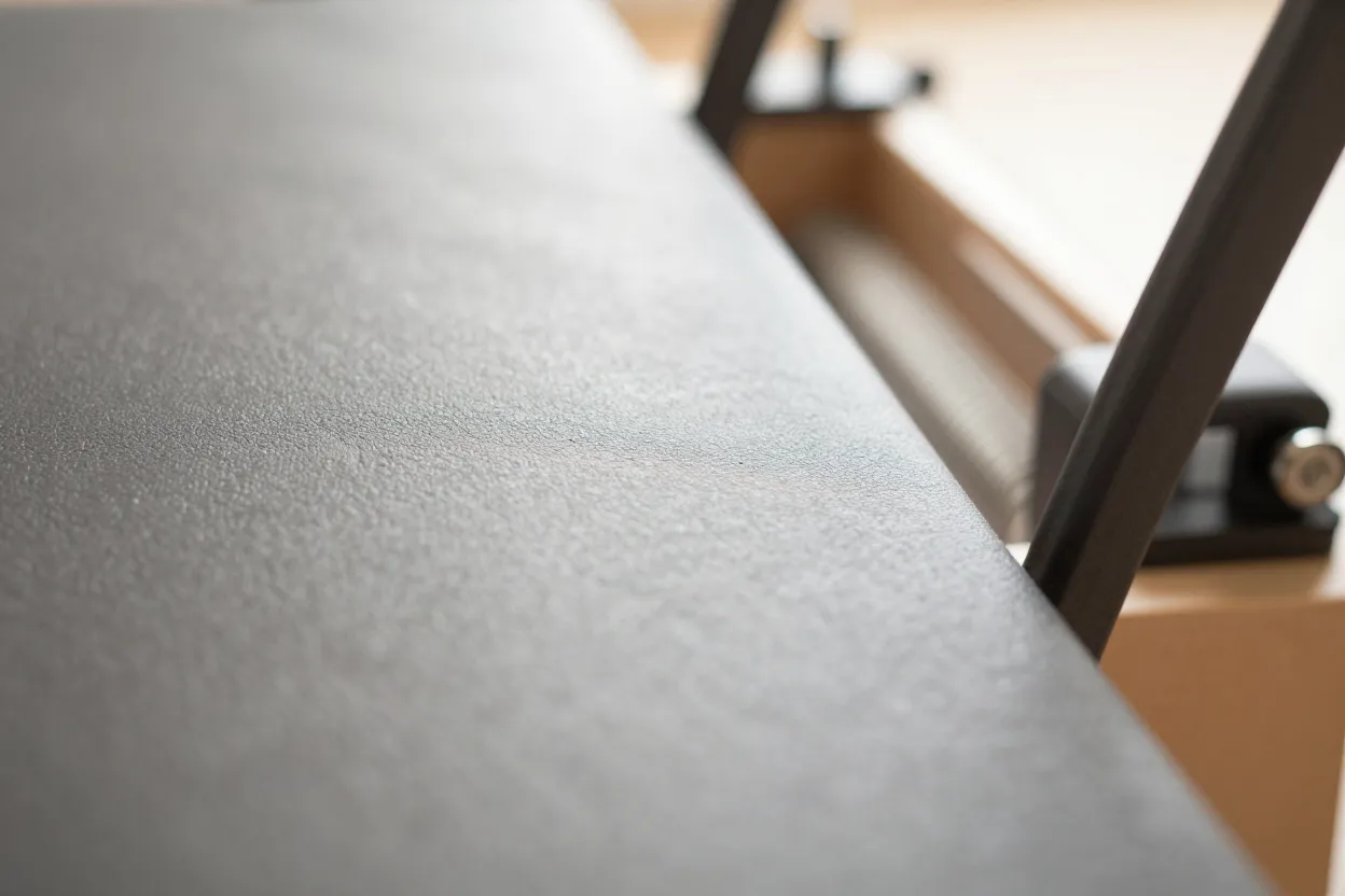 Close-up of yoga mat surface texture and pilates reformer spring mechanics
