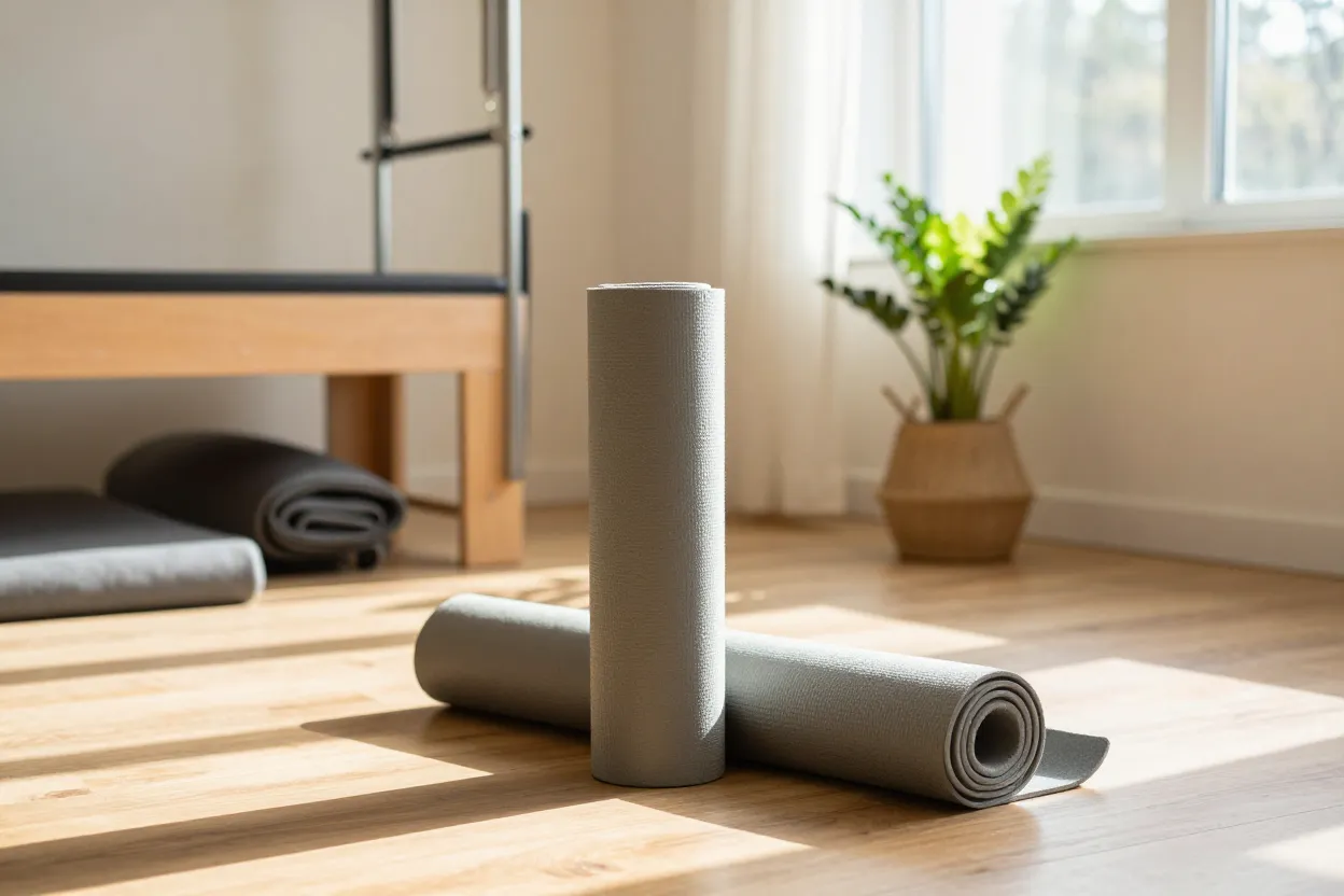 Home yoga and pilates practice showing space requirements and equipment setup