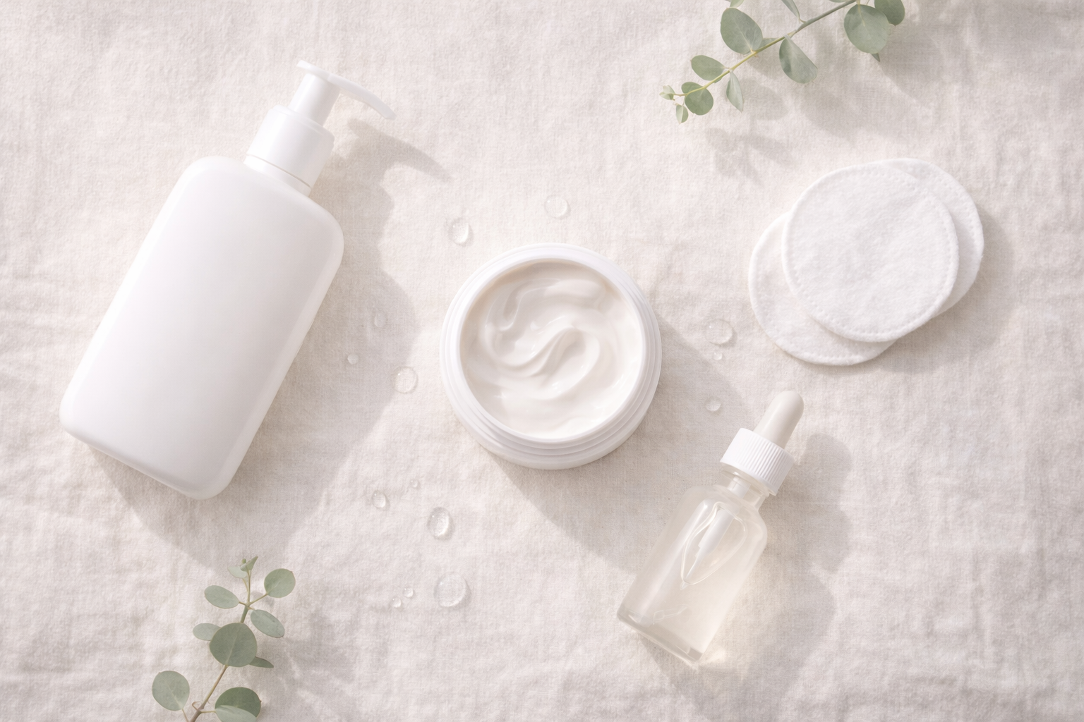 Dermatologist-recommended skincare routine essentials flat lay